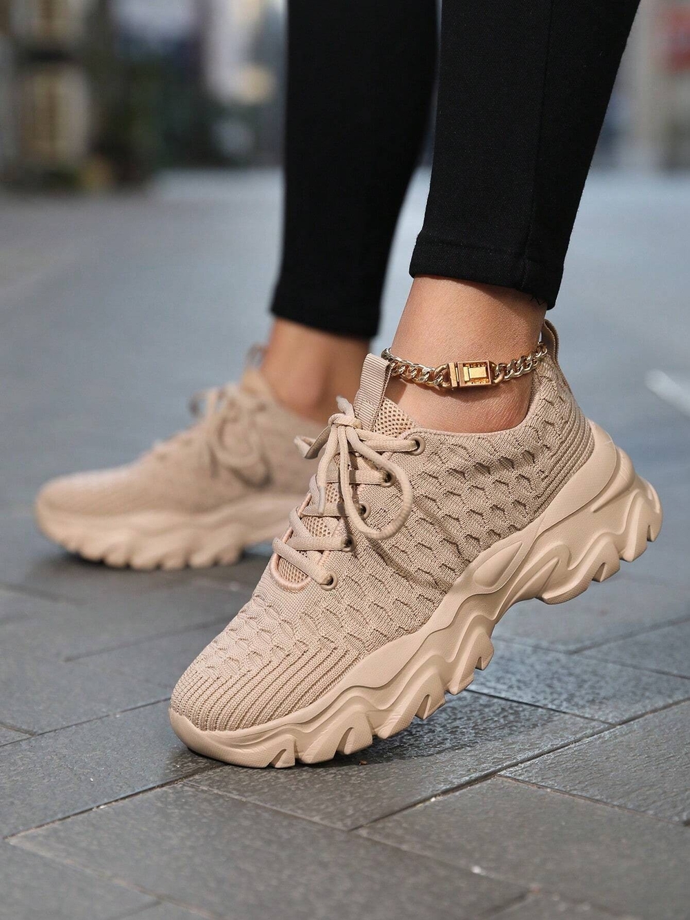 Lightweight Knit Chunky Women's Sneakers  Beige Nude Size 10 - Picture 2 of 7